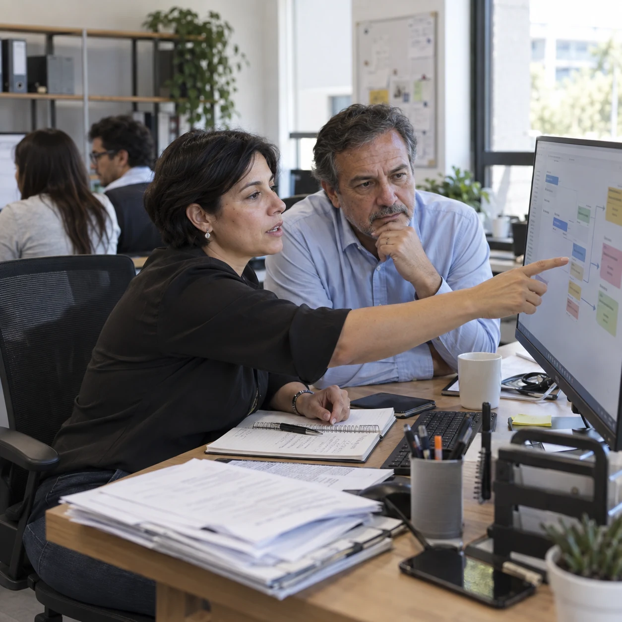 Equipo de operaciones revisando un flujo de trabajo en pantalla