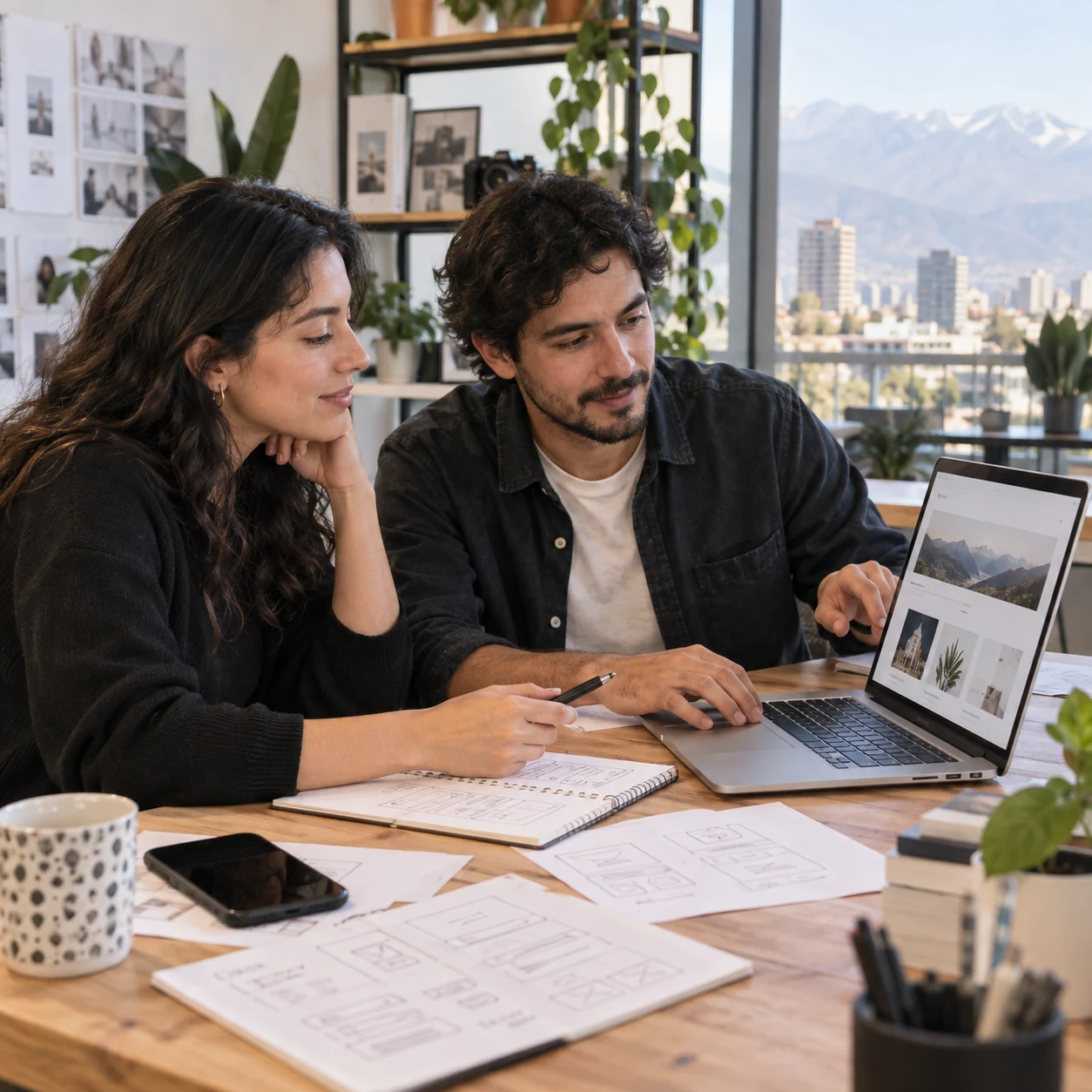 Diseñadores revisando un sitio web y bocetos de interfaz en un estudio